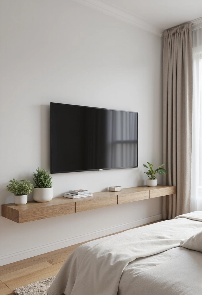 25+ Bedroom TV Wall Ideas for Sleek Interiors - 1. Floating TV Shelf with Minimalist Decor