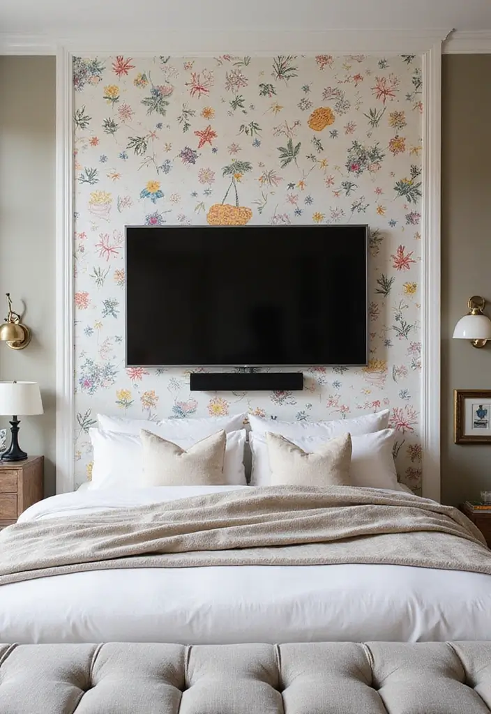 25+ Bedroom TV Wall Ideas for Sleek Interiors - 14. Whimsical Wallpaper Behind the TV
