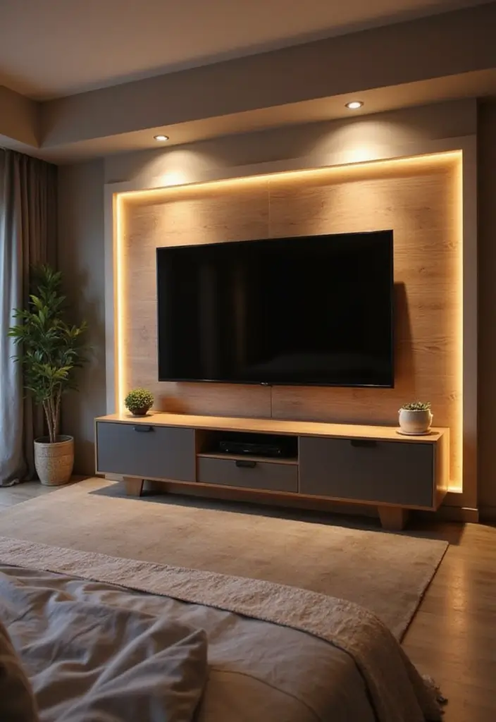 25+ Bedroom TV Wall Ideas for Sleek Interiors - 15. TV Wall with Custom Lighting