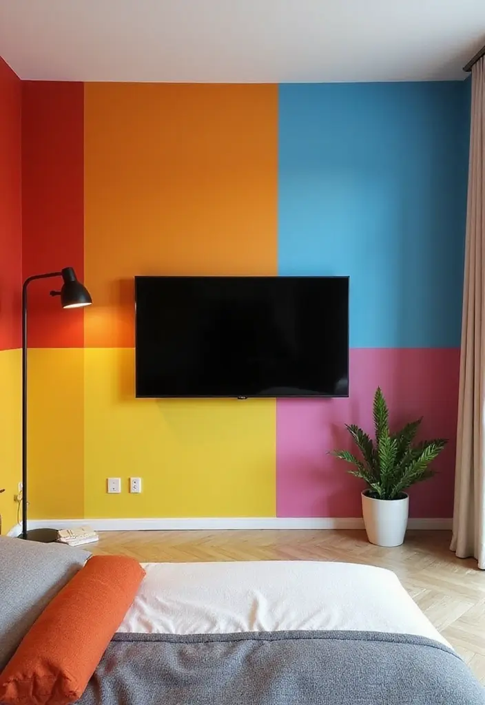 25+ Bedroom TV Wall Ideas for Sleek Interiors - 18. Bold Color Block TV Wall