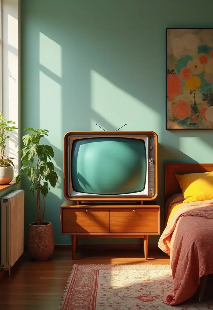 25+ Bedroom TV Wall Ideas for Sleek Interiors - 22. Retro Chic TV Display