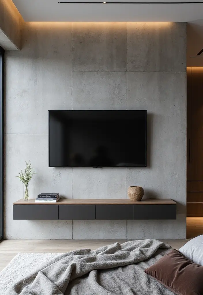25+ Bedroom TV Wall Ideas for Sleek Interiors - 24. Textured Concrete Wall with TV