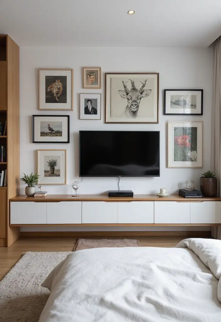 25+ Bedroom TV Wall Ideas for Sleek Interiors - 4. Artful TV Display with Gallery Wall