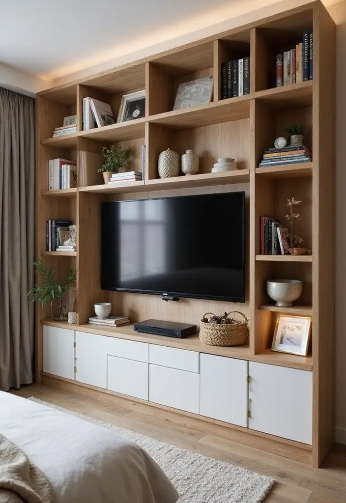 25+ Bedroom TV Wall Ideas for Sleek Interiors - 6. Integrated Bookshelf TV Wall