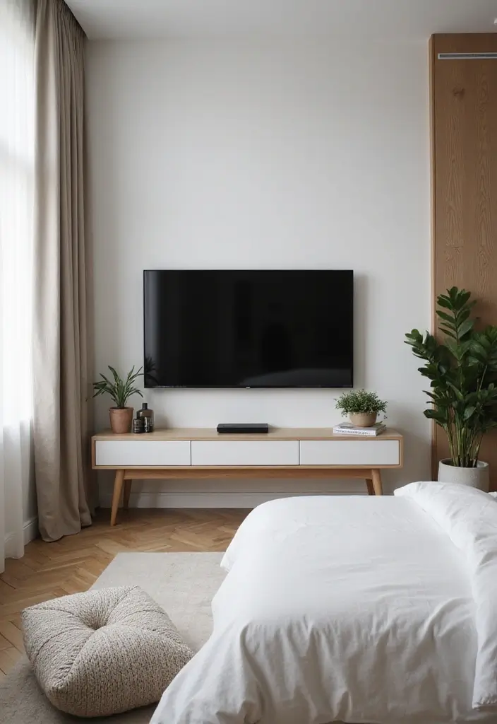 25+ Bedroom TV Wall Ideas for Sleek Interiors - 7. Minimalist Corner TV Setup