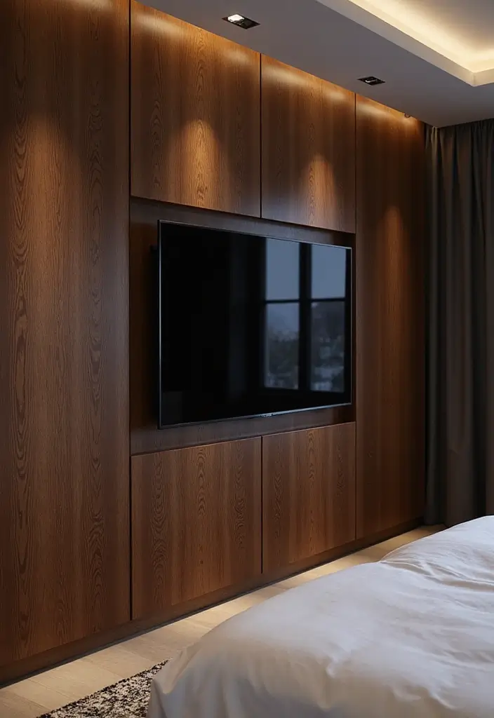 25+ Bedroom TV Wall Ideas for Sleek Interiors - 9. Luxurious Dark Wood Wall with TV
