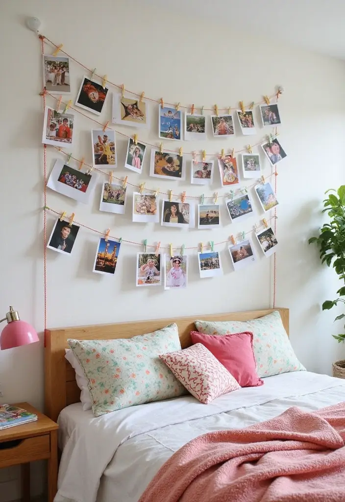 26+ Bedroom Wall Decor Ideas You’ll Love - 19. Colorful Photo Wire