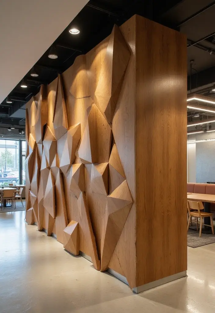 26+ Divider Wall Ideas That Define and Beautify Spaces - 6. Geometric Wooden Panels