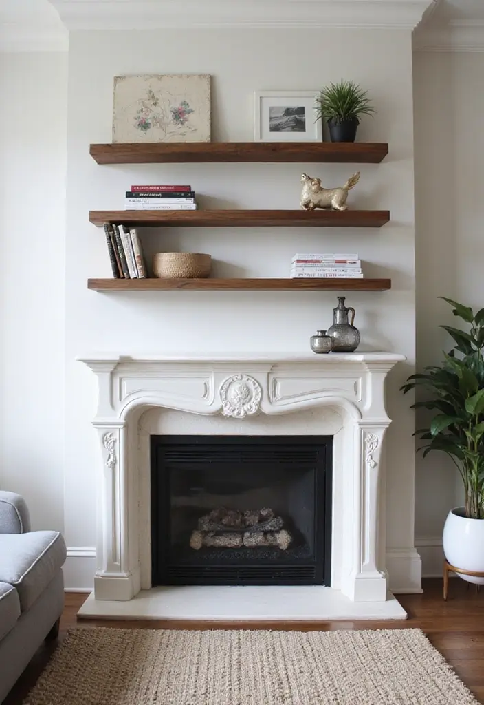 26+ Fireplace Wall Ideas That Feel Warm and Elegant - 13. Floating Shelves