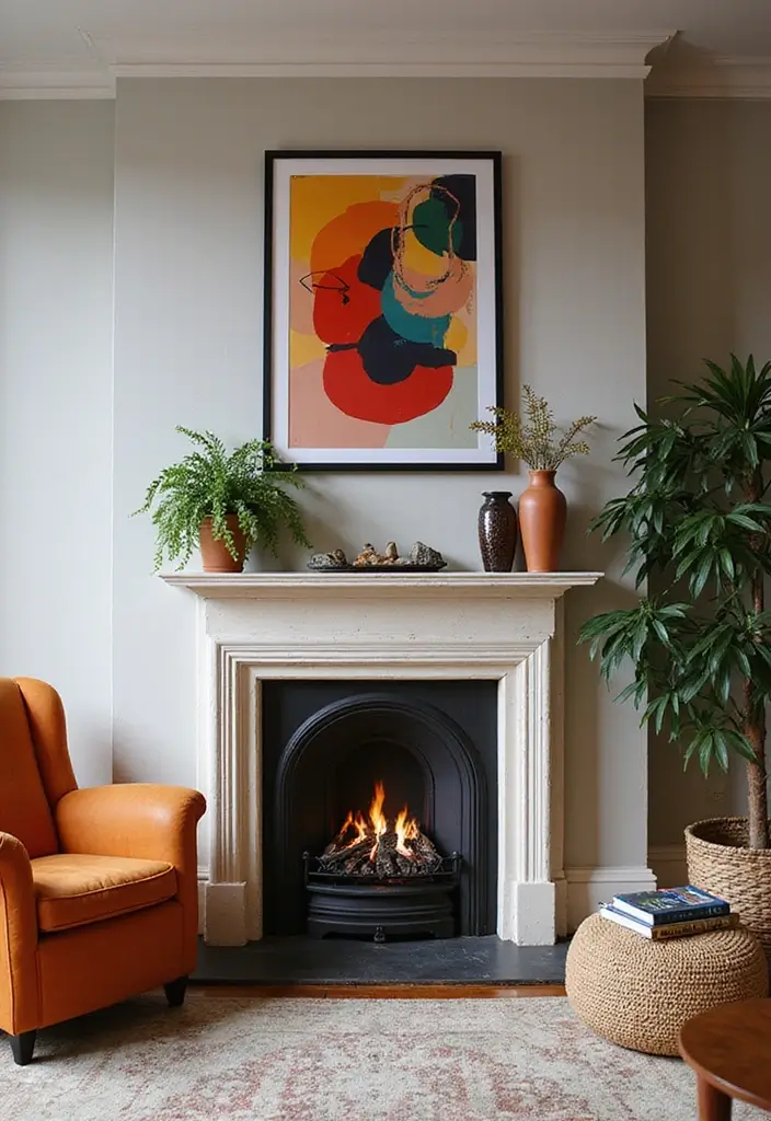 26+ Fireplace Wall Ideas That Feel Warm and Elegant - 23. Bold Artwork