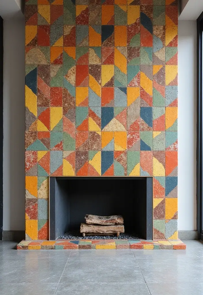 26+ Fireplace Wall Ideas That Feel Warm and Elegant - 3. Modern Geometric Tiles