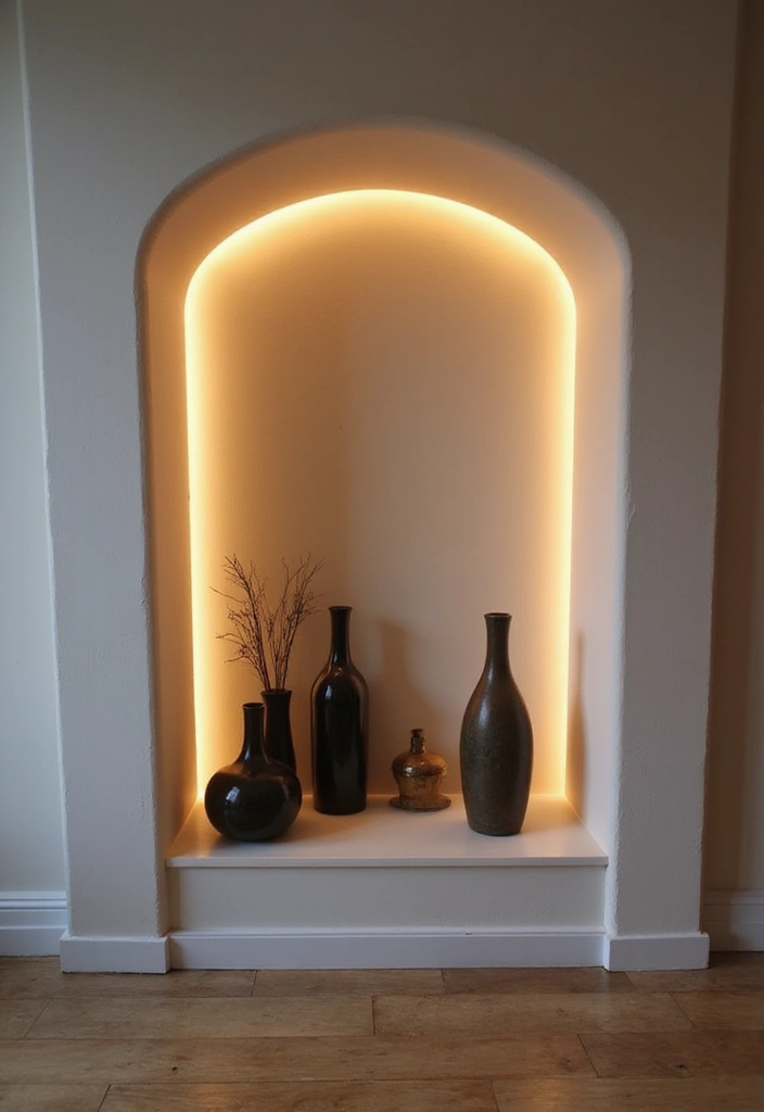 26+ Wall Niche Ideas for Smart Storage and Style - 26. Wall Niche with Built-in Lighting