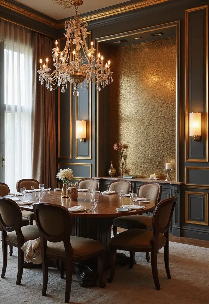 27+ Dining Room Accent Wall Inspirations That Stand Out - 11. Shimmering Metallic Accents