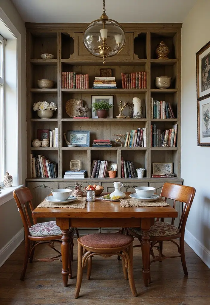27+ Dining Room Accent Wall Inspirations That Stand Out - 18. Vintage Bookshelf Accent
