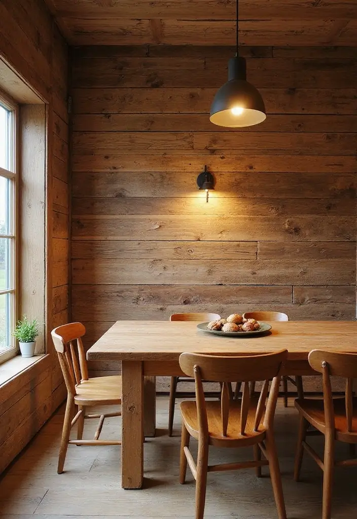 27+ Dining Room Accent Wall Inspirations That Stand Out - 2. Rustic Wood Paneling