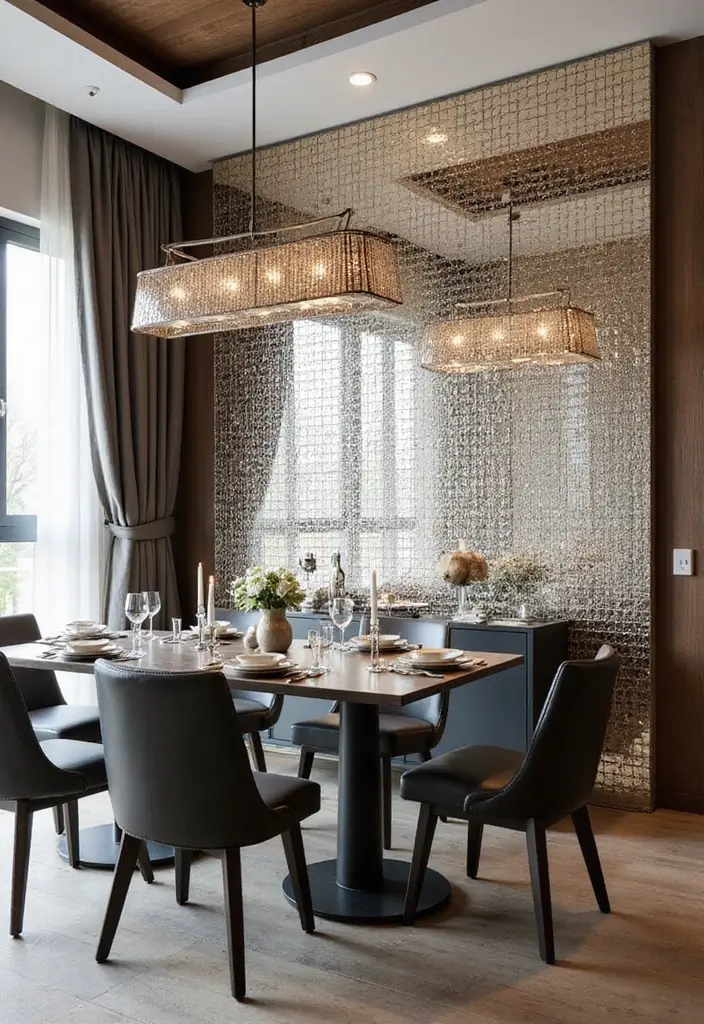 27+ Dining Room Accent Wall Inspirations That Stand Out - 22. Reflective Glass Tiles