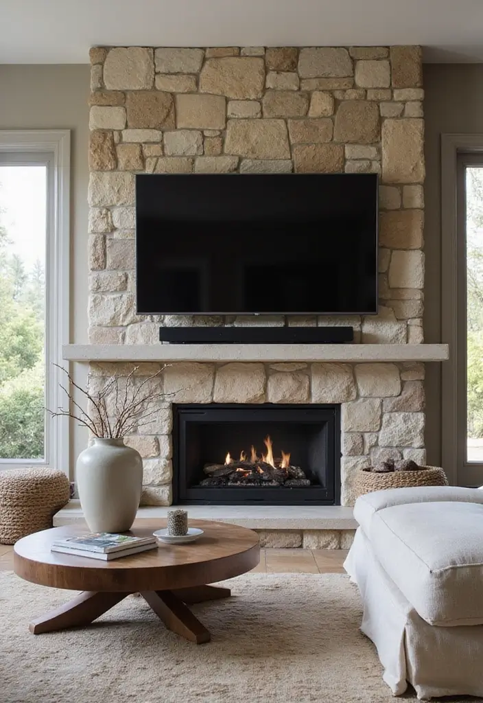 27+ Fireplace TV Wall Inspirations That Look Luxurious - 12. Natural Stone Accents
