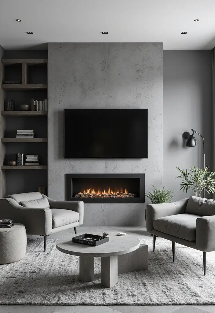27+ Fireplace TV Wall Inspirations That Look Luxurious - 13. Monochrome Magic