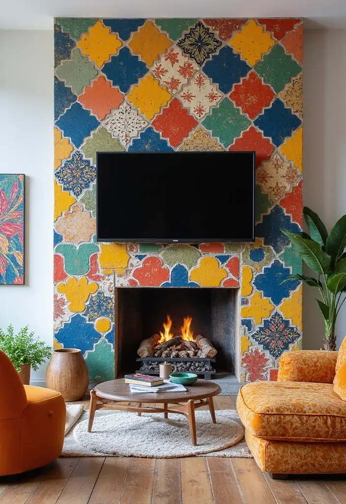 27+ Fireplace TV Wall Inspirations That Look Luxurious - 16. Colorful Tile Designs