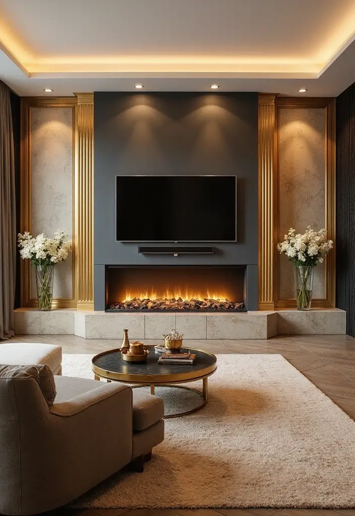 27+ Fireplace TV Wall Inspirations That Look Luxurious - 19. Glam Gold Accents