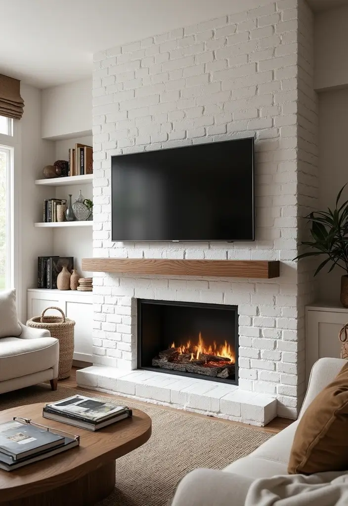 27+ Fireplace TV Wall Inspirations That Look Luxurious - 2. Cozy White Brick Charm