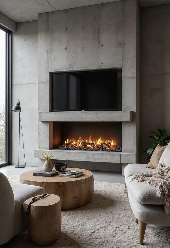 27+ Fireplace TV Wall Inspirations That Look Luxurious - 20. Concrete Chic