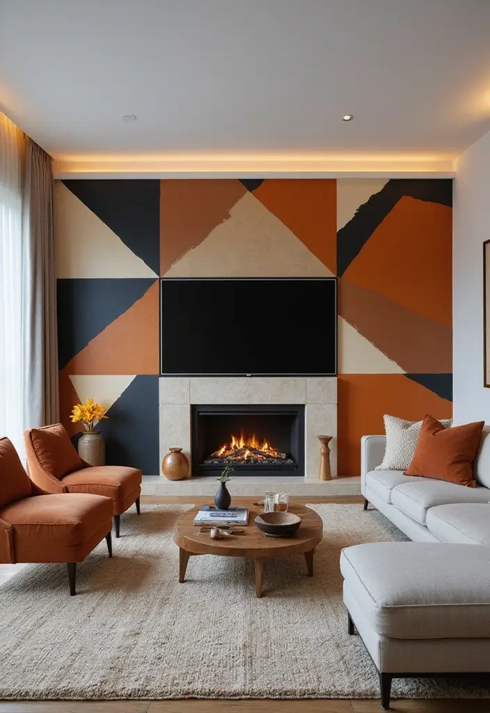 27+ Fireplace TV Wall Inspirations That Look Luxurious - 23. Geometric Patterns