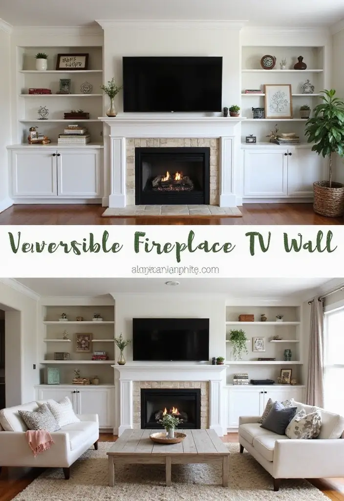 27+ Fireplace TV Wall Inspirations That Look Luxurious - 27. Seasonal Decor Flexibility