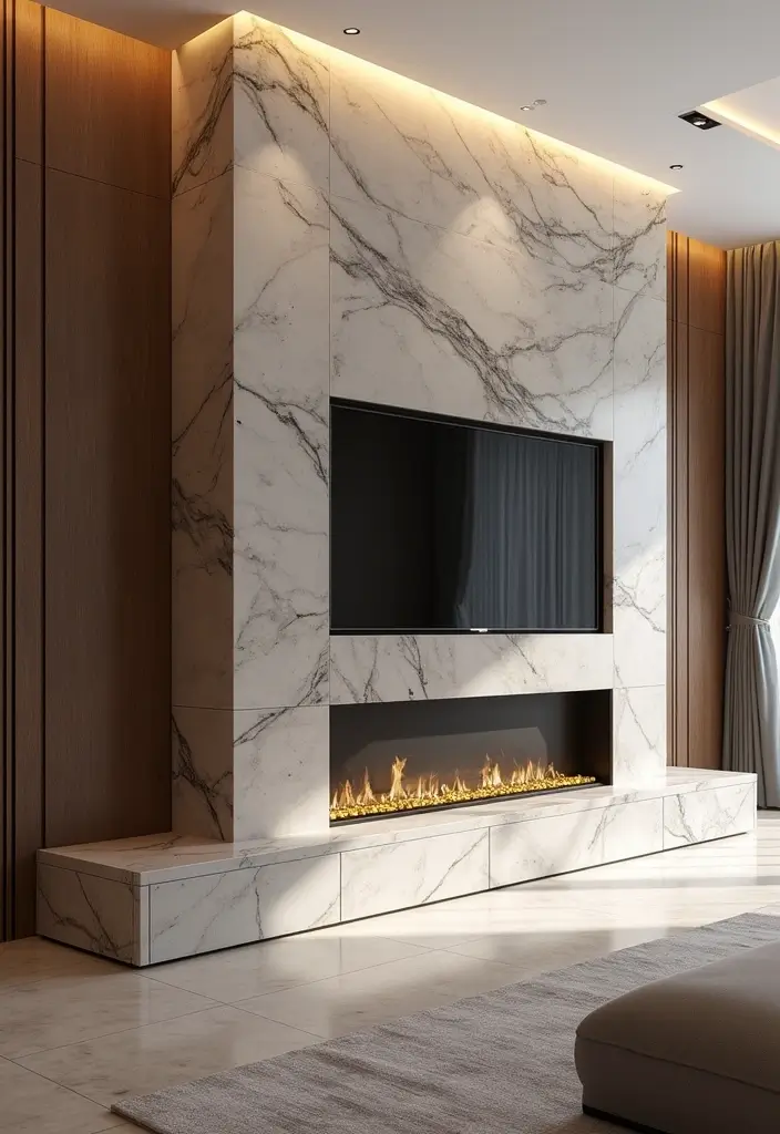 27+ Fireplace TV Wall Inspirations That Look Luxurious - 4. Marble Elegance