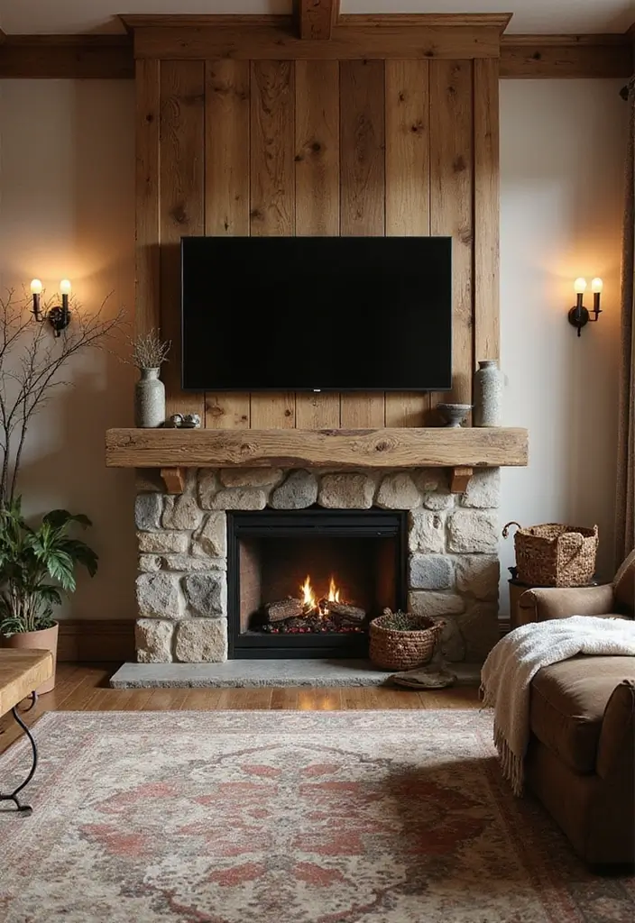 27+ Fireplace TV Wall Inspirations That Look Luxurious - 5. Rustic Wood Accents