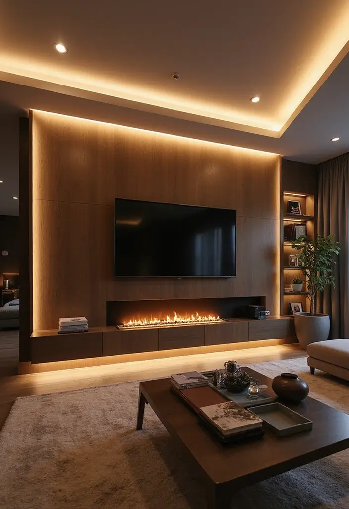 27+ Fireplace TV Wall Inspirations That Look Luxurious - 6. Integrated Lighting