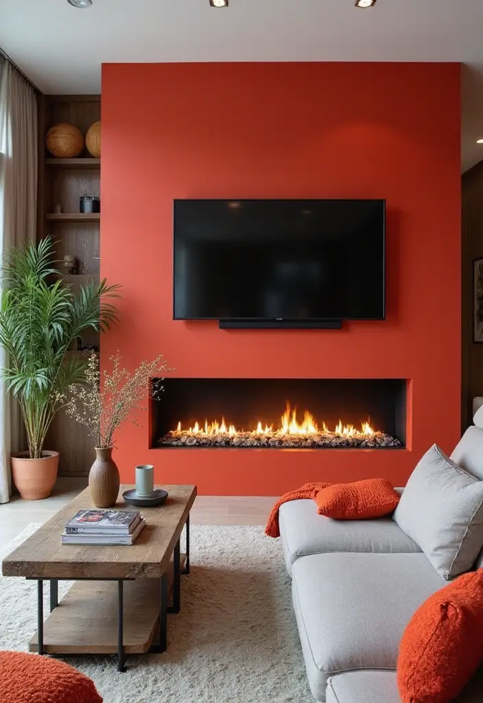 27+ Fireplace TV Wall Inspirations That Look Luxurious - 9. Bold Accent Colors
