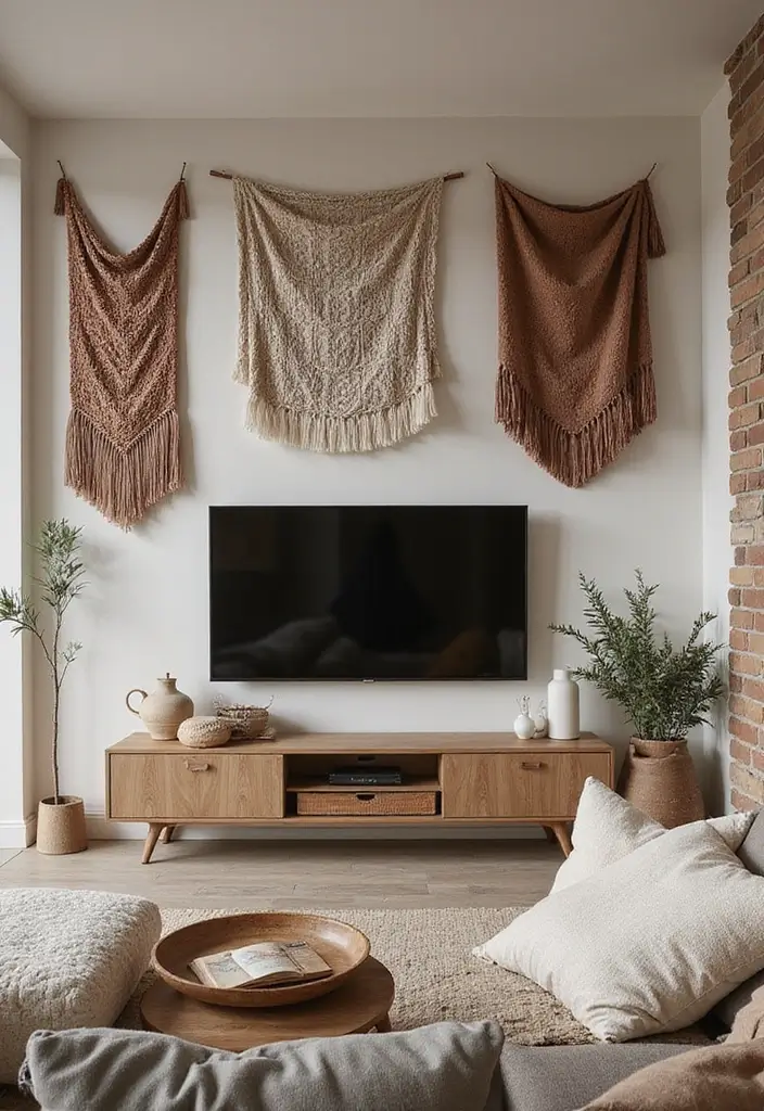 27+ Television Wall Ideas That Instantly Upgrade Your Living Room - 15. Layered Textiles
