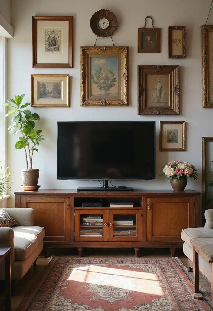 27+ Television Wall Ideas That Instantly Upgrade Your Living Room - 16. Vintage Touches