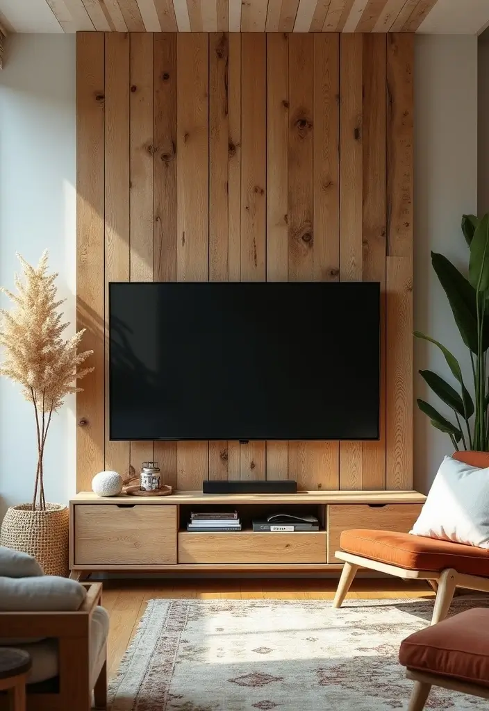 27+ Television Wall Ideas That Instantly Upgrade Your Living Room - 25. Upcycled Materials