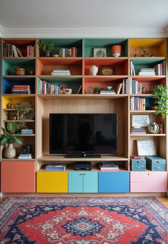 27+ Television Wall Ideas That Instantly Upgrade Your Living Room - 4. Eclectic Shelf Displays
