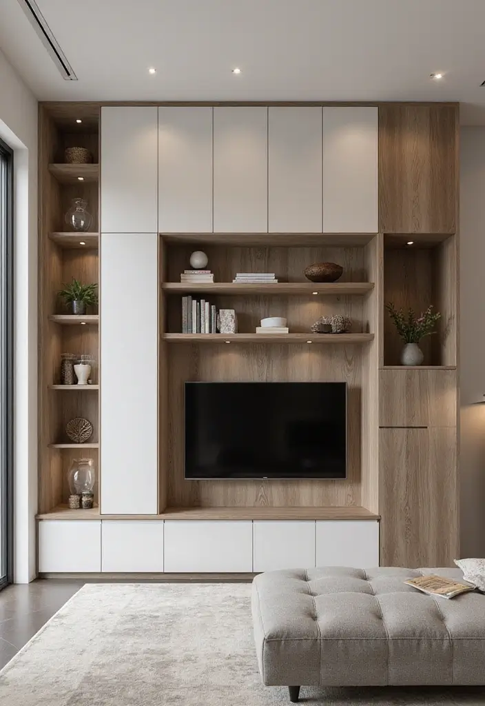 27+ Television Wall Ideas That Instantly Upgrade Your Living Room - 8. Shelf and Cabinet Combo