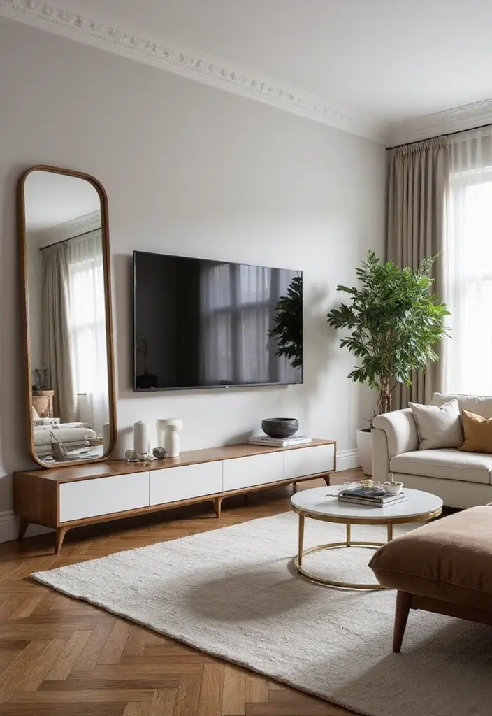 27+ Television Wall Ideas That Instantly Upgrade Your Living Room - 9. Mirrors for Depth