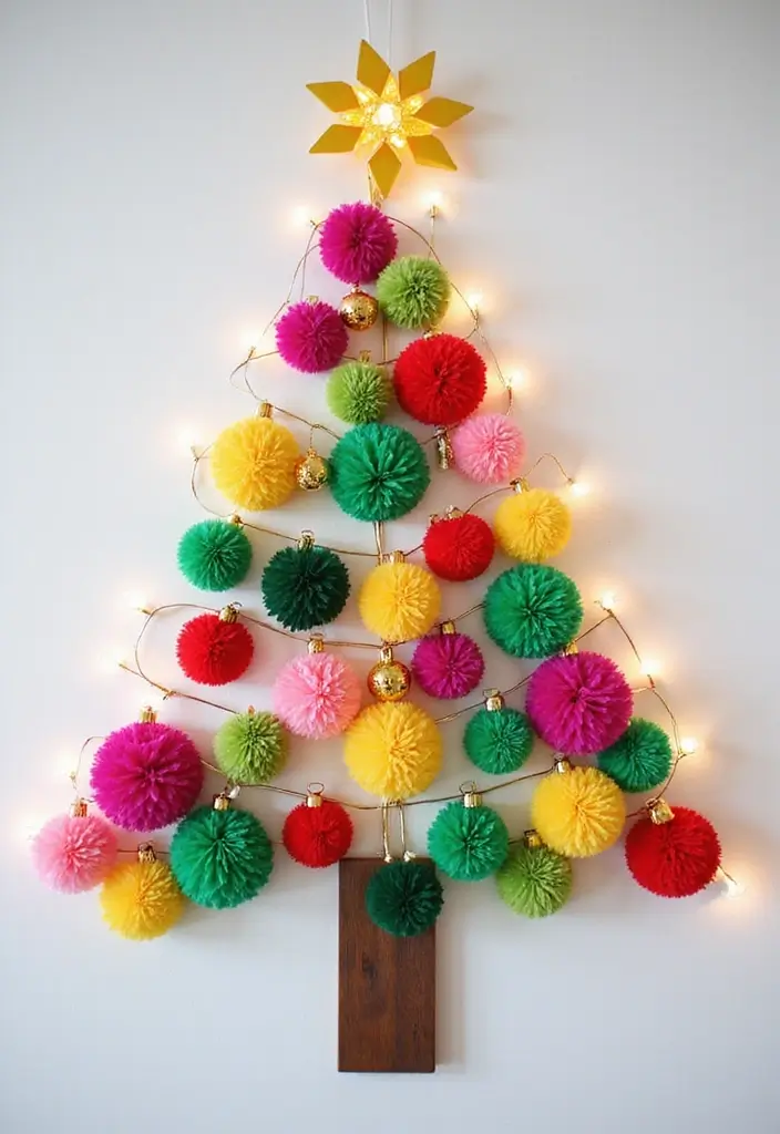 27+ Wall Christmas Tree Ideas for Festive Homes - 15. Pom Pom Christmas Tree