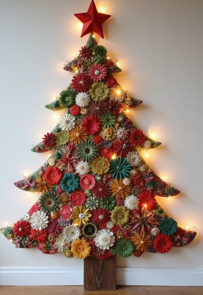 27+ Wall Christmas Tree Ideas for Festive Homes - 17. Fabric Scraps Christmas Tree