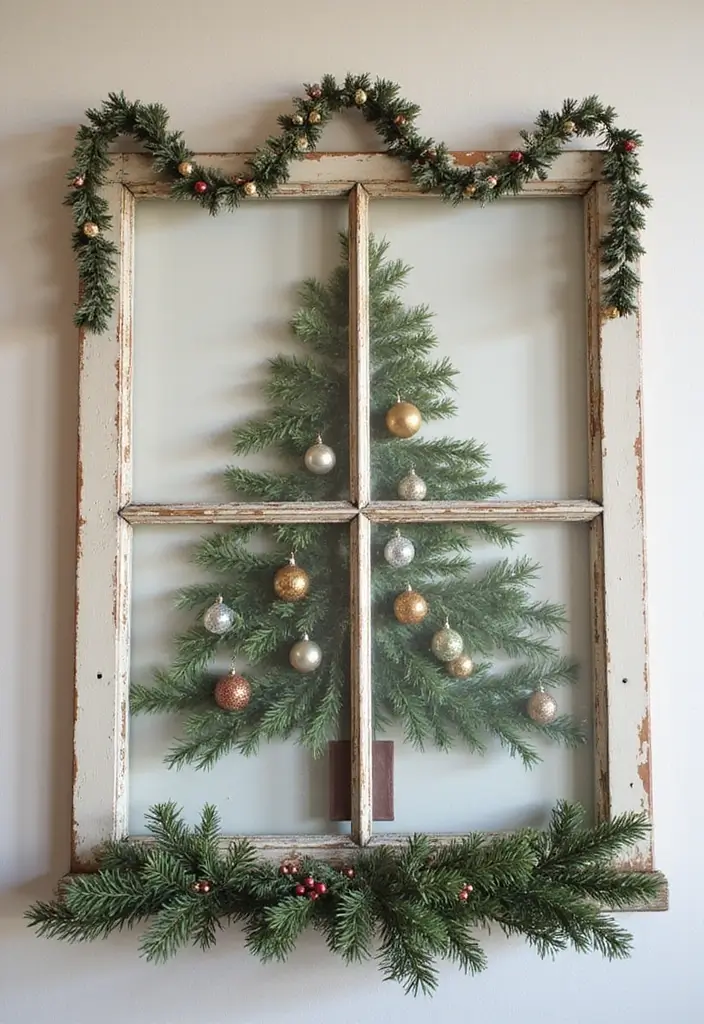 27+ Wall Christmas Tree Ideas for Festive Homes - 20. Upcycled Window Frame Tree