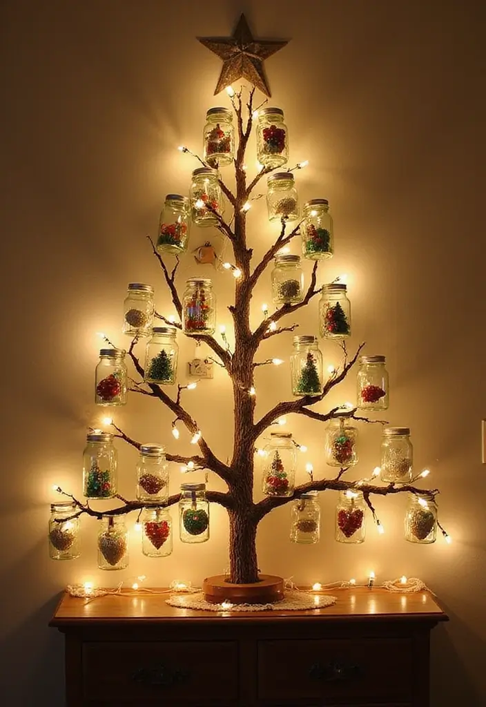27+ Wall Christmas Tree Ideas for Festive Homes - 22. Mason Jar Christmas Tree