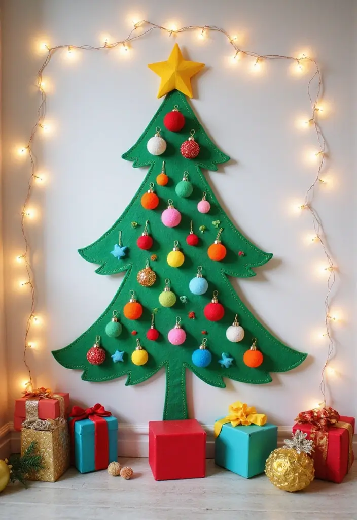 27+ Wall Christmas Tree Ideas for Festive Homes - 23. Felt Ornaments Tree