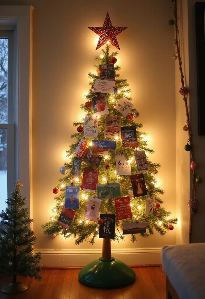 27+ Wall Christmas Tree Ideas for Festive Homes - 26. Holiday Card Christmas Tree