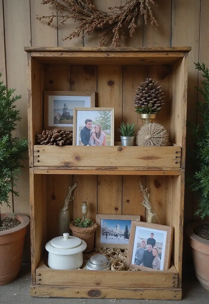 27+ Wall Photo Frame Ideas for Creative Displays - 19. Wooden Crate Display