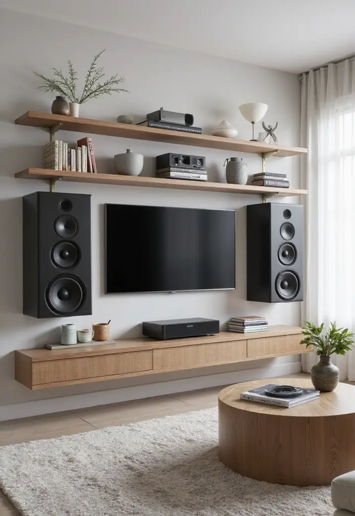 27+ Wall Shelf Ideas That Balance Beauty and Function - 19. Tune into Music with Floating Audio Shelves