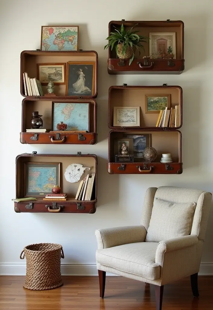 27+ Wall Shelf Ideas That Balance Beauty and Function - 24. Use Vintage Suitcases as Shelves