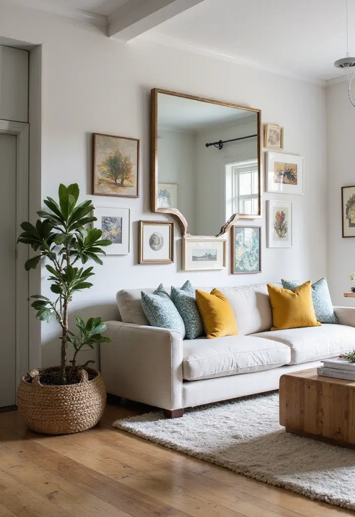 28+ Above Couch Wall Decor Inspirations You Must Try - 4. Art and Mirrors Combo