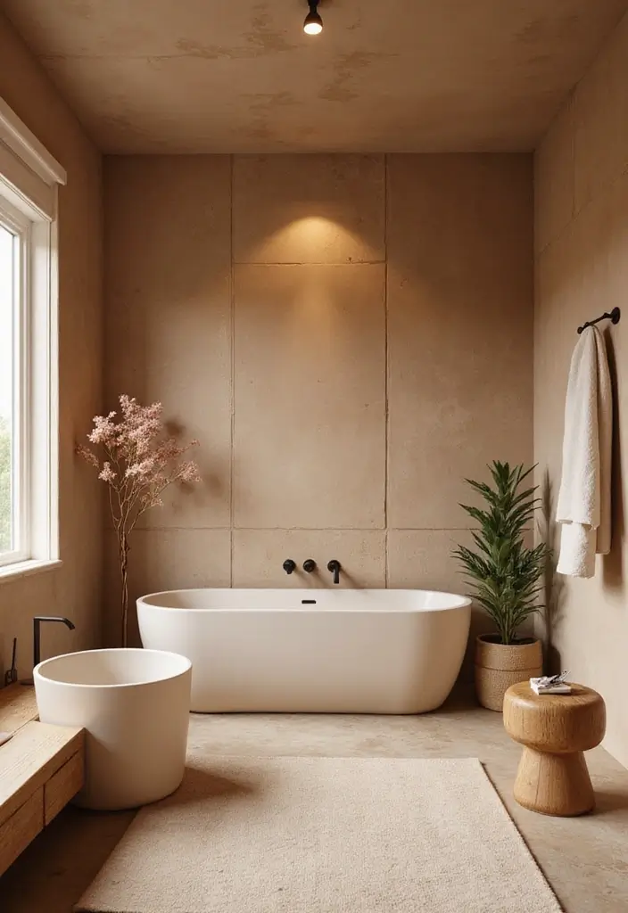 28+ Bathroom Wall Ideas That Balance Style and Function - 22. Natural Plaster Finish