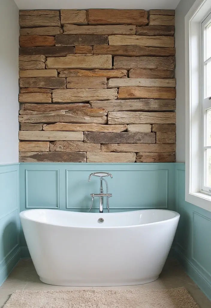28+ Bathroom Wall Ideas That Balance Style and Function - 25. Cladding with Driftwood